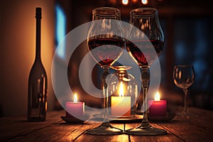 Couple glassess of the champagne are placed on wooden table in restaurant background, romantic table setting with glasses