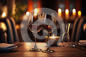 Couple glassess of the champagne are placed on wooden table in restaurant background, romantic table setting with glasses