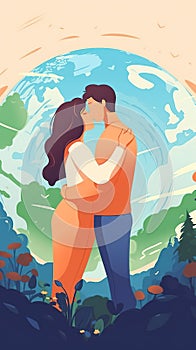 Couple with globe. Young woman and man embraces planet Earth.