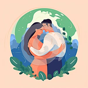 Couple with globe. Young woman and man embraces planet Earth.