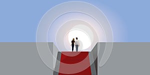 A couple goes up a staircase with a red carpet.