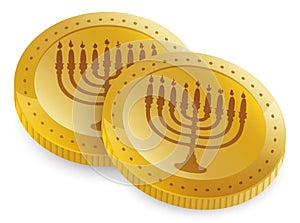 Couple of golden Hanukkah gelt with hanukkiah silhouettes, Vector illustration