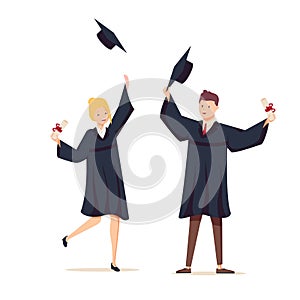 Couple of graduates with diplomas. The guy and the girl graduated from university. Vector illustration in cartoon style.