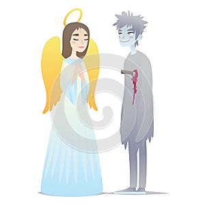 Couple of Halloween characters in cartoon style. Vector illustration of boy in costume of Ghost and girl in costume of