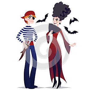 Couple of Halloween characters in cartoon style. Vector illustration of boy in costume of Pirate and girl in costume of