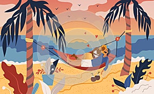 Couple in a hammock enjoys the sunset on the beach between two palm trees by the sea. Flat style. Vector illustration