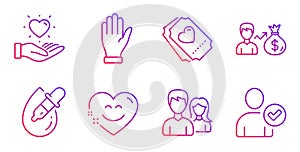 Couple, Hand and Eye drops icons set. Hold heart, Sallary and Smile chat signs. Vector photo