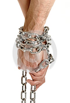 Couple hands chained together