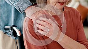 Couple, hands and elderly care in support or trust for healthcare, love or comfort together at old age home. Closeup of