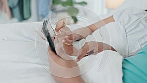 Couple, hands and relax with tablet in bed for online shopping, streaming multimedia and search internet. Closeup