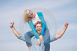 Couple happy date having fun together. Lovers enjoy date and feeling free. Freedom concept. Man carries girlfriend on