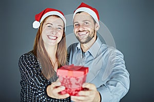 Couple is happy with gift for christmas