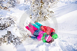 Couple happy lover having fun in winter snow forest. Snowbarders and skiers team friendship