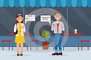 Couple of happy man and woman meeting in cafe after online dating. First romantic date in public place cartoon vector