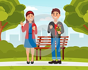 Couple of happy man and woman meeting in city park after online dating. First romantic date in public place cartoon