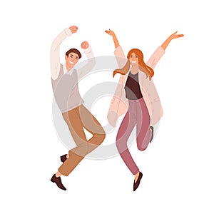 Couple of happy people dancing and jumping. Successful workers celebrating victory. Man and woman having fun together