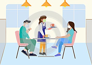 Couple having dinner in a restaurant with health protocols New Normal scene at a restaurant Men and women in a cafe or restaurant
