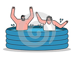 Couple having fun in inflatable pool. Young man and woman relax and splash in portable swimming pool