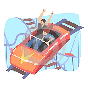 Couple Having Fun in Roller Coaster, Top View of Excited Young People Riding Small Red Fast Open Car in Amusement Park