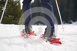 Couple having fun and walking in snow shoes