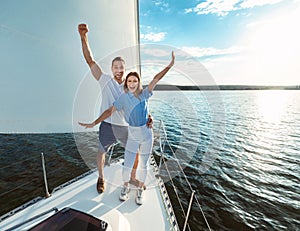 Couple Having Fun On Yacht Posing Sailing On River