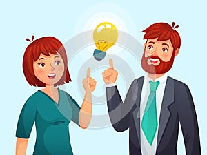 Couple having idea. Husband and wife have solution, adult male and female solved problem or ideas lamp cartoon vector