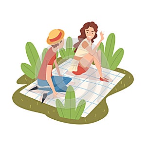 Couple Having Picnic In Park, Young Man And Woman Sitting on Plaid and Relaxing Vector Illustration