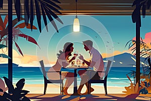 Couple having romance dinner on the beach celebrating anniversary