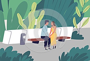 Couple having romantic date at summer park vector flat illustration. Enamored man and woman sitting on bench at garden