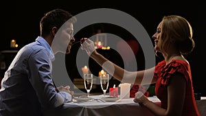 Couple having romantic dinner in high-quality restaurant, evening for two, date