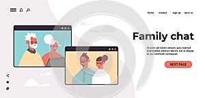 Couple having virtual meeting with grandparents during video call family chat communication concept