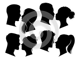 Couple heads in profile. Man and woman silhouettes, black outline face to face anonymous profiles. Avatar portraits photo