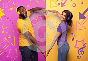 Couple with headset listen to music and make the shape of heart with arms. violet and yellow background