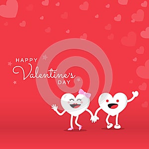Couple heart cute cartoon character for happy valentine`s day on red background