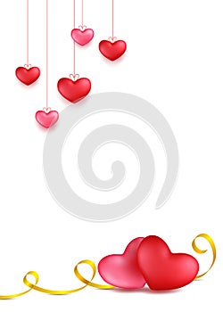 Couple hearts with golden calligraphy stripe. Hanging red, rose heart. Valentines day greeting card design in 3d style on white ba