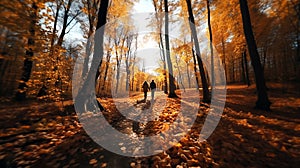 A couple hiking in an autumn forest, walking on a path in the woods towards a clearing.. Beautiful sunshine through the trees.