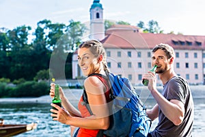 Couple hiking at Danube Weltenburg monastery