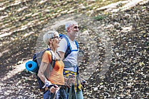 Couple hiking in forest wearing backpacks and hiking poles. Nordic walking, trekking. Healthy lifestyle