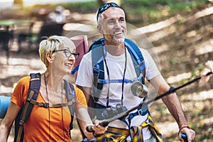 Couple hiking in forest wearing backpacks and hiking poles. Nordic walking, trekking. Healthy lifestyle