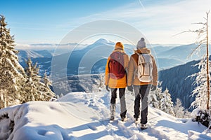 Couple hiking in mountains in winter. AI Generated