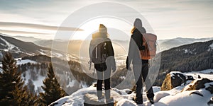 Couple hiking in mountains in winter. AI Generated