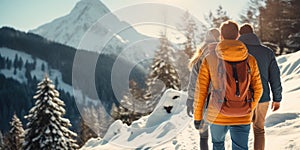 Couple hiking in mountains in winter. AI Generated