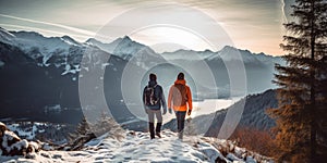 Couple hiking in mountains in winter. AI Generated