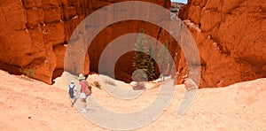 Couple hiking in the red mountains on summer vacation.