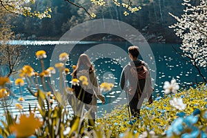 couple hiking on a sunny day in spring with blooming flowers near lake