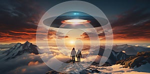 A couple hiking on top of the mountains, witnessing an encounter of the third kind: a giant alien spacecraft, UFO photo