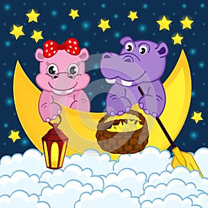 Couple of hippos float on moon in clouds