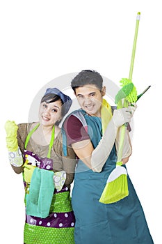 Couple hold cleaning tool on white