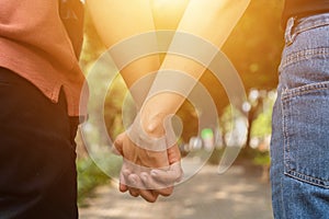 Couple hold hands in the autumn or summer park on sunset. Closeup of loving couple holding hands while walking