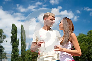 Couple hold water bottles. Water balance concept. Signs you definitely need pay attention body hydration. Sport and